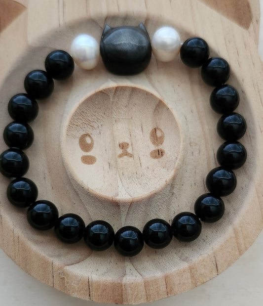 Obsidian & Freshwater Pearl Bracelet