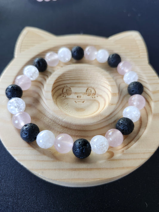 Lava Stone, Crackle & Rose Quartz Beaded Bracelet